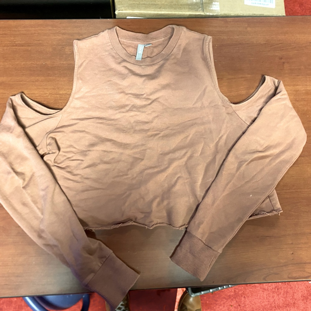 Cropped cold shoulder sweater